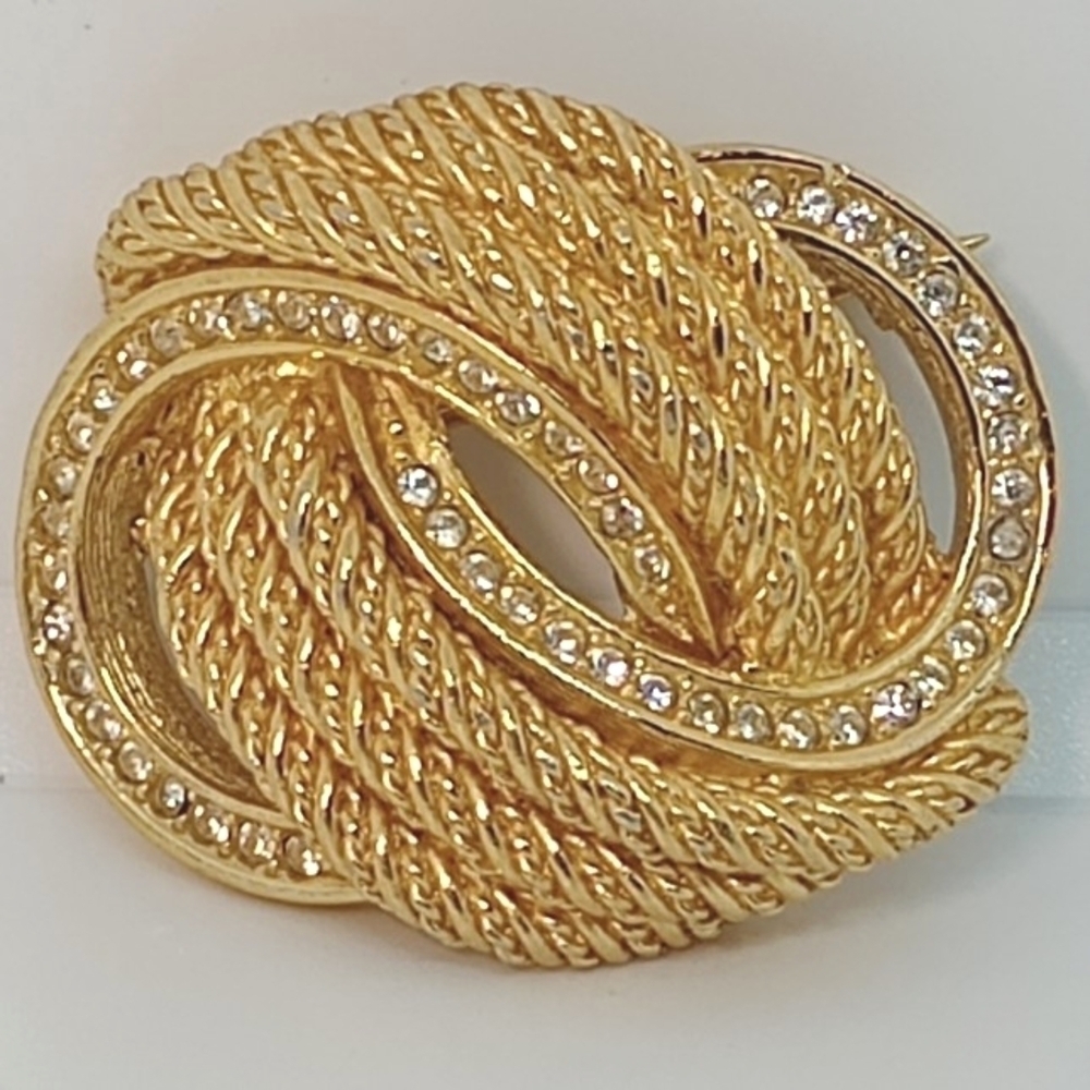 * Vintage Signed Christian Dior Large Gold Tone & Rhinestones Knot Pin Brooch